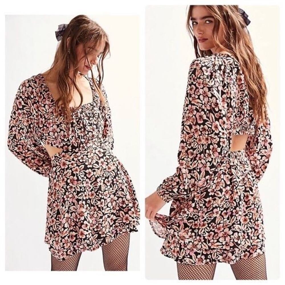 Free People Jael Floral Cutout Ballon Sleeve Coquette Dress Boho Hippie Cottage